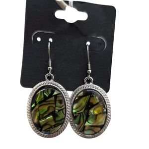 Abalone Shell Oval Drop Earrings - Green Iridescent